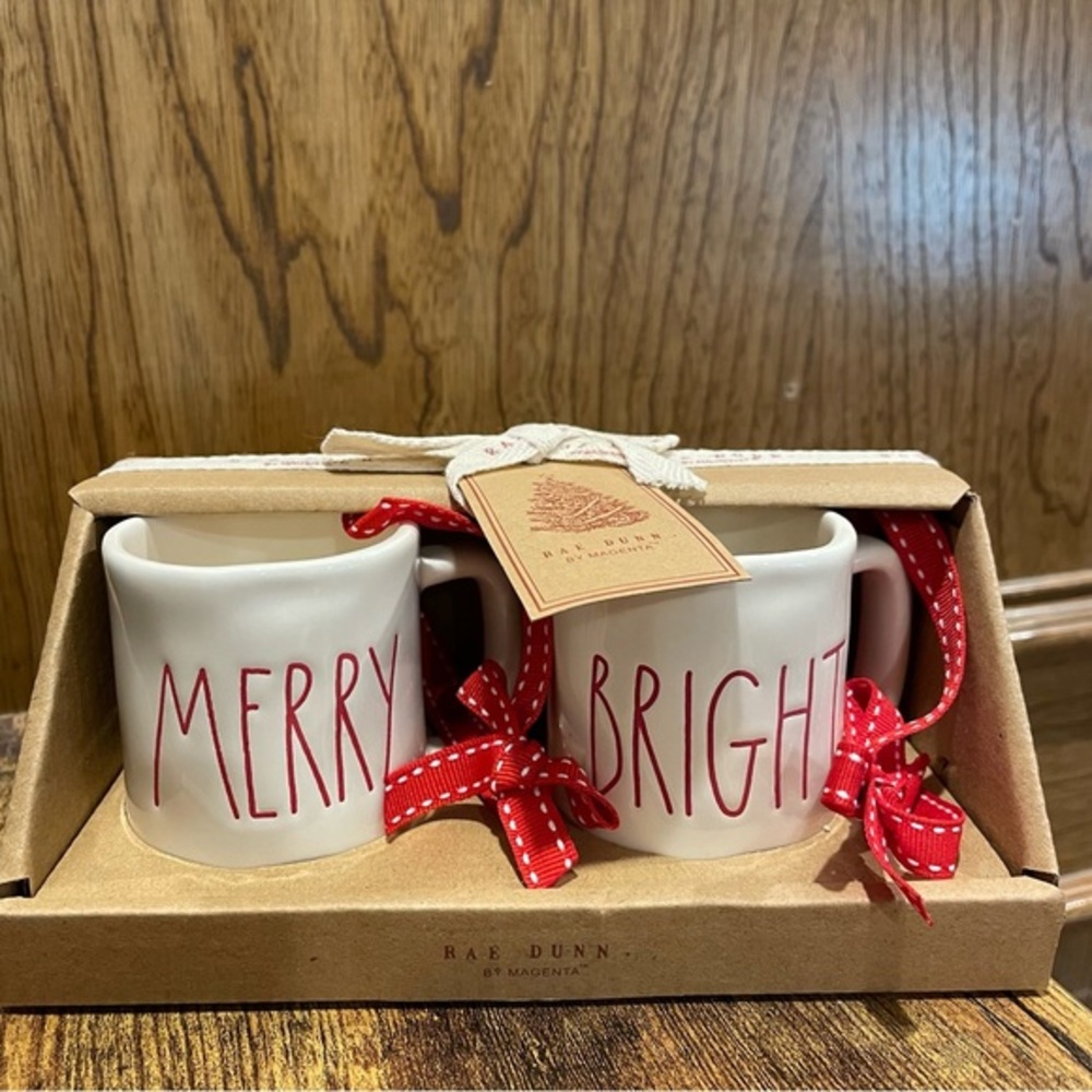 Rae Dunn Red Lettering Merry & Bright White Ceramic Mug Christmas Ornaments NEW!